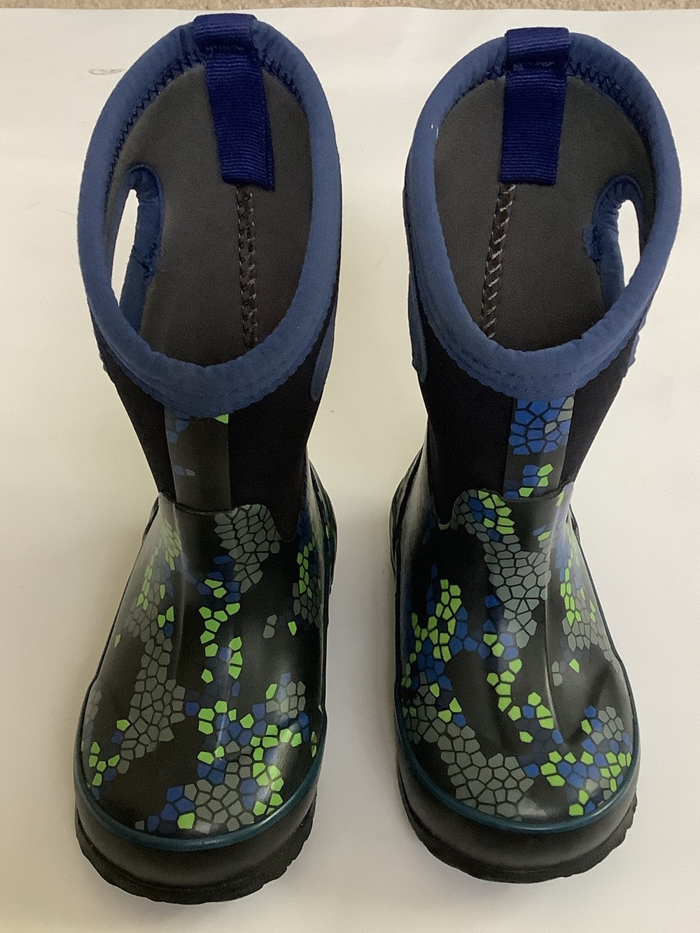 Bogs Kids Rain Boots in Black with Blue & Green Mosaic
